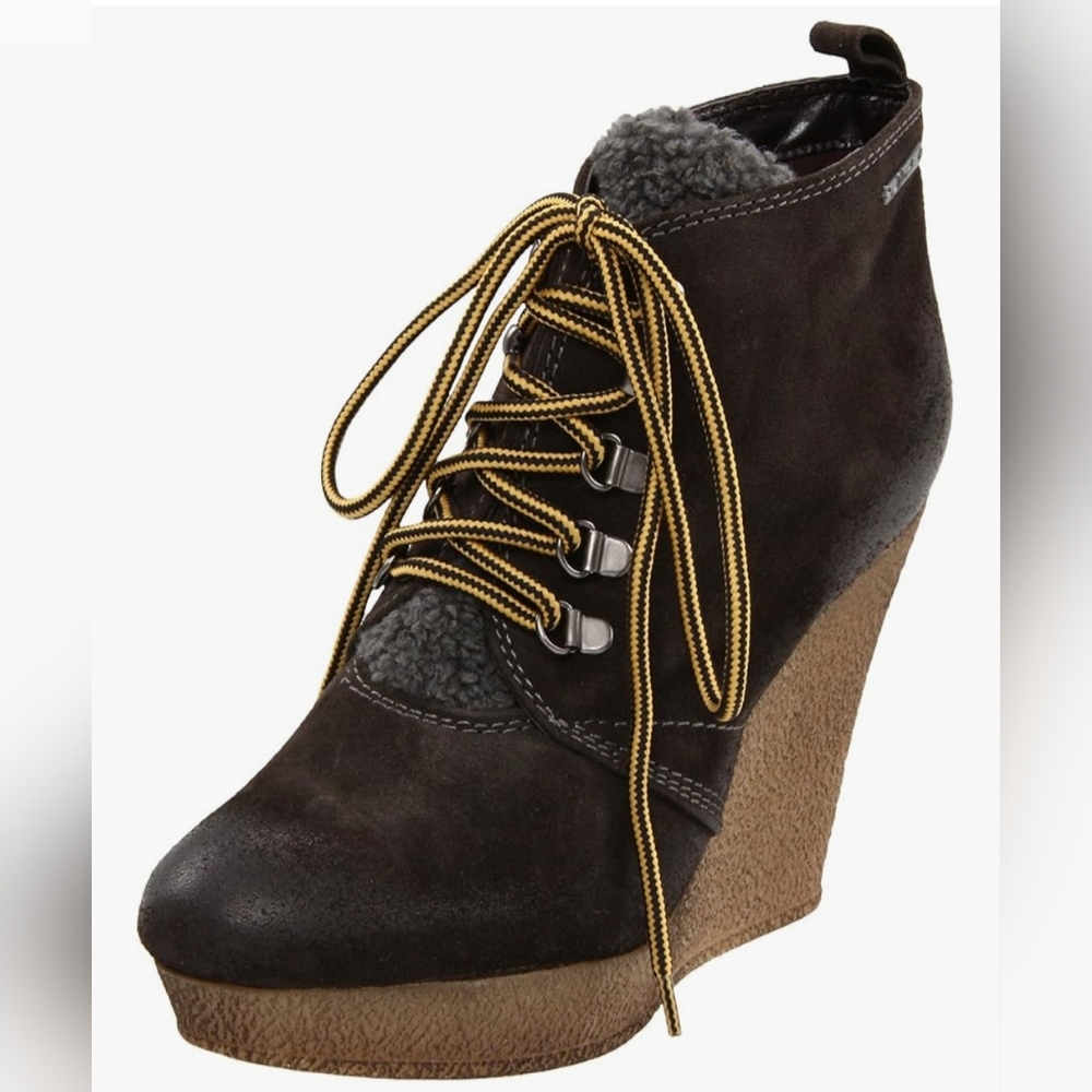 EUC DIESEL Enos Black Suede & Sherpa Wedge Ankle Booties EU 38